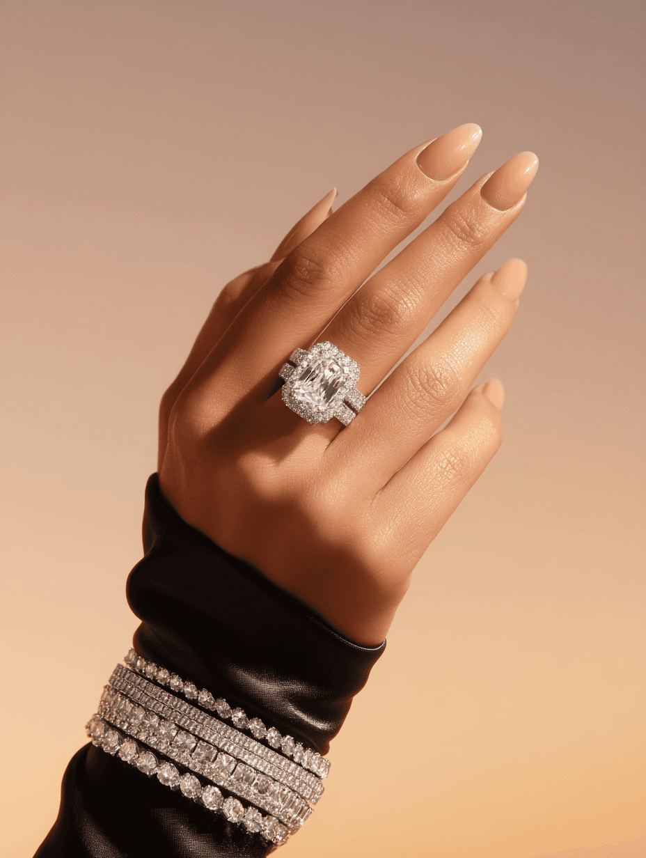 A diamond solitaire ring and stacked diamond bracelets worn on a hand
