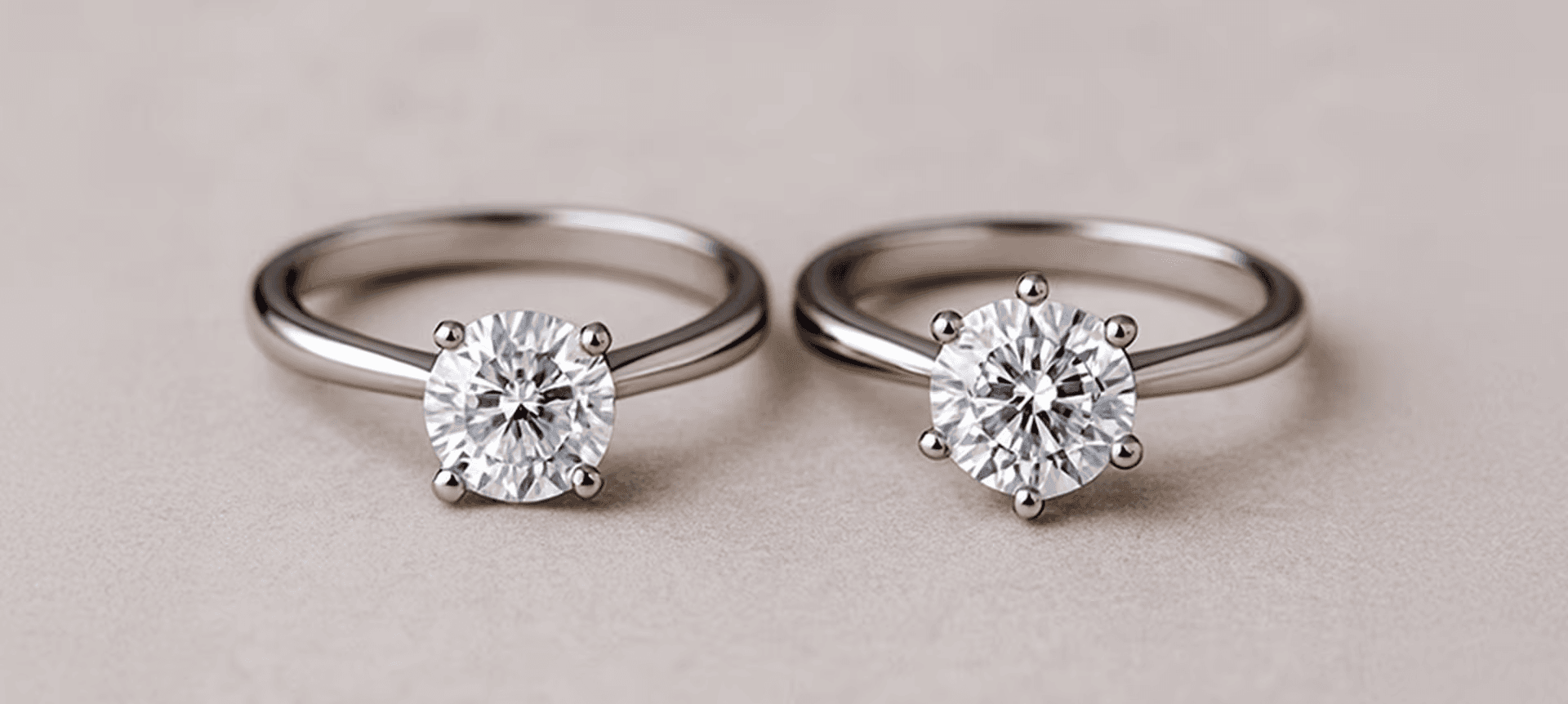 Two diamond solitaire rings side by side, a four-prong and a six-prong setting